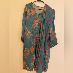 Co ord set Teal and Red Patterned Dress with Scarf